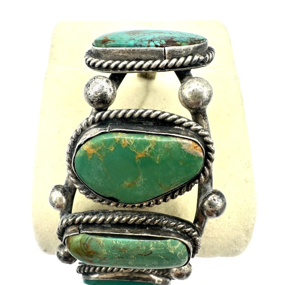 Navajo Native American vintage sterling silver 5 green turquoise cuff bracelet - Picture 4 of 10